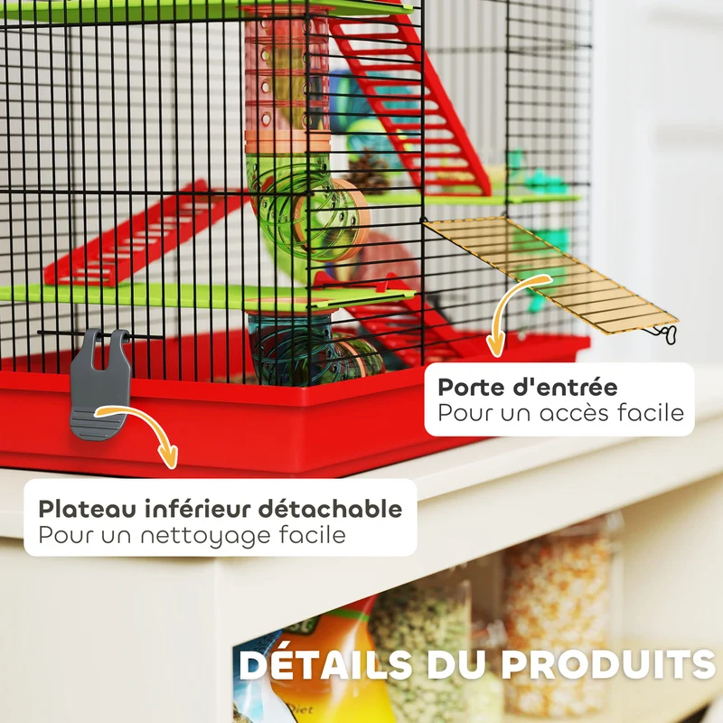 Cage pour hamsters et souris multi étages 47 x 30 x 59 cm espace de jeu accès facile style contemporain en métal rouge 21_0007909