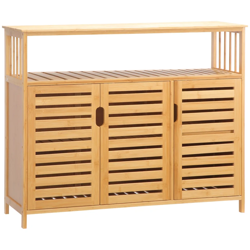 Buffet meuble de rangement 3 portes ajourées 100 x 35 x 82 cm rangement spacieux pratique scandinave en bambou naturel 21_0002309