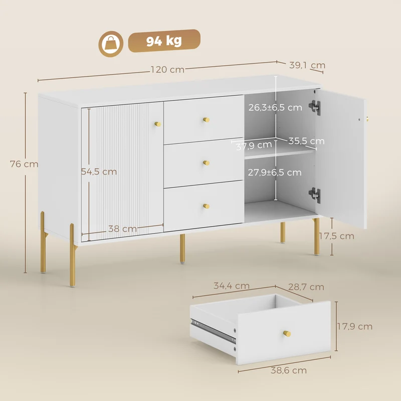 Buffet bas de rangement salon 120 x 39,1 x 76 cm tiroirs silencieux étagères réglables moderne tendance en MDF blanc 21_0003564