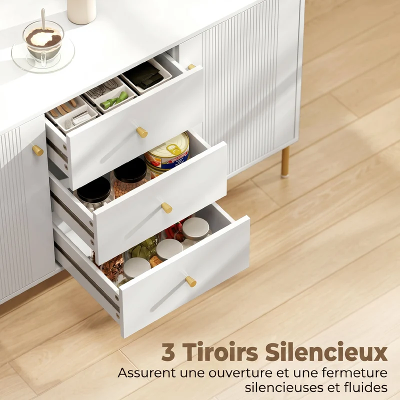 Buffet bas de rangement salon 120 x 39,1 x 76 cm tiroirs silencieux étagères réglables moderne tendance en MDF blanc 21_0003564