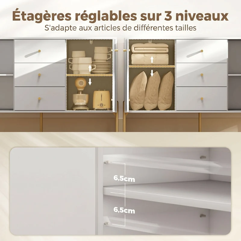 Buffet bas de rangement salon 120 x 39,1 x 76 cm tiroirs silencieux étagères réglables moderne tendance en MDF blanc 21_0003564