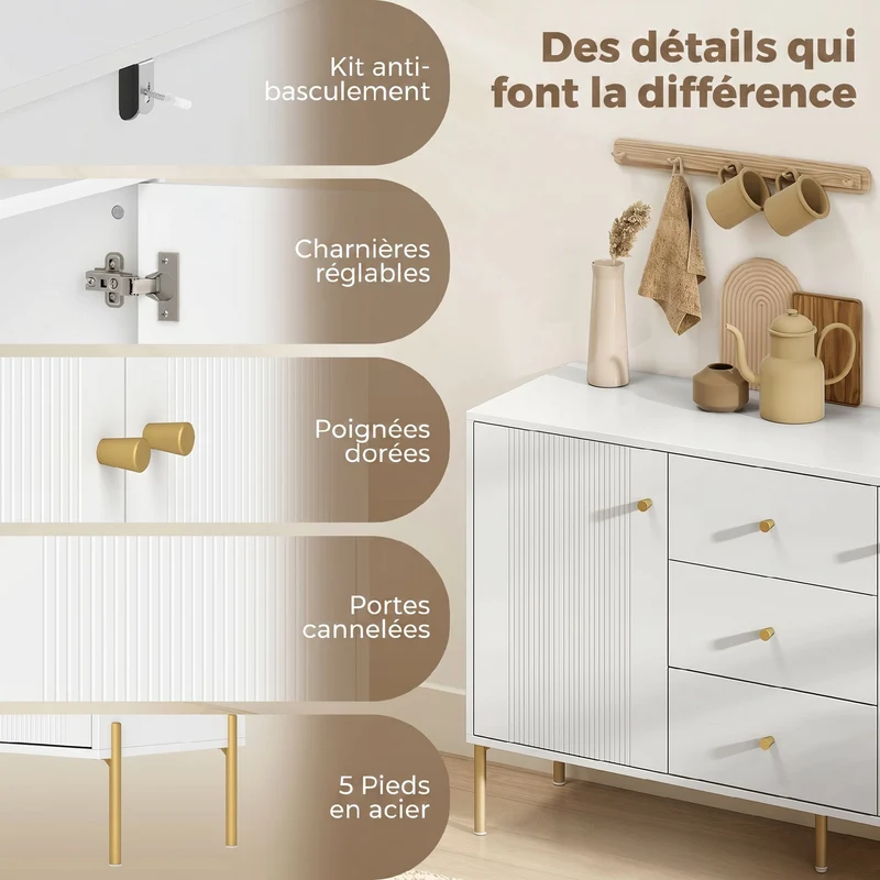 Buffet bas de rangement salon 120 x 39,1 x 76 cm tiroirs silencieux étagères réglables moderne tendance en MDF blanc 21_0003564