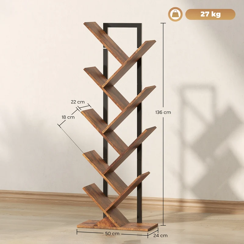 Bibliothèque en forme d'arbre 50 x 24 x 136 cm 8 étagères kit anti-basculement industriel en panneau de particules brun 21_0002543
