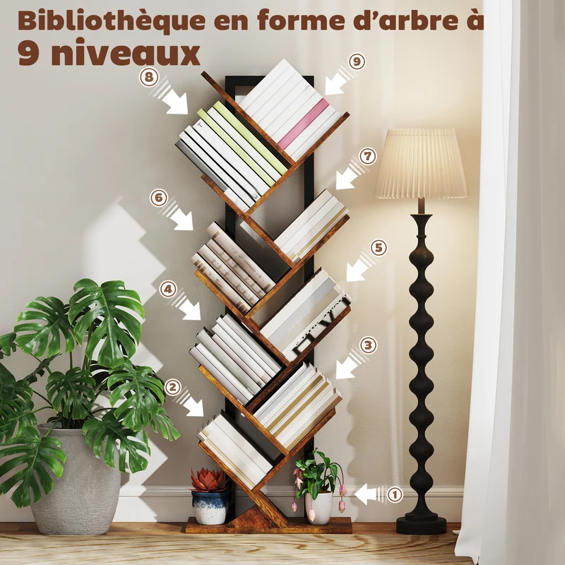 Bibliothèque en forme d'arbre 50 x 24 x 136 cm 8 étagères kit anti-basculement industriel en panneau de particules brun 21_0002543