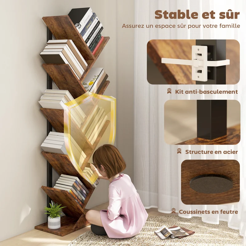 Bibliothèque en forme d'arbre 50 x 24 x 136 cm 8 étagères kit anti-basculement industriel en panneau de particules brun 21_0002543