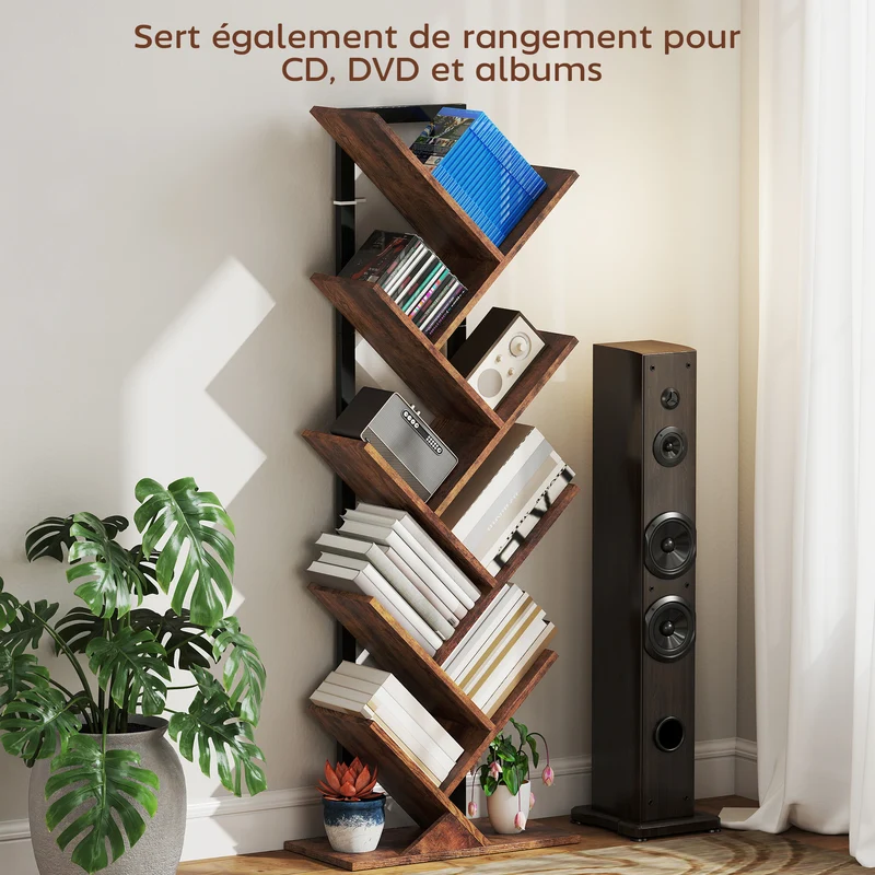 Bibliothèque en forme d'arbre 50 x 24 x 136 cm 8 étagères kit anti-basculement industriel en panneau de particules brun 21_0002543