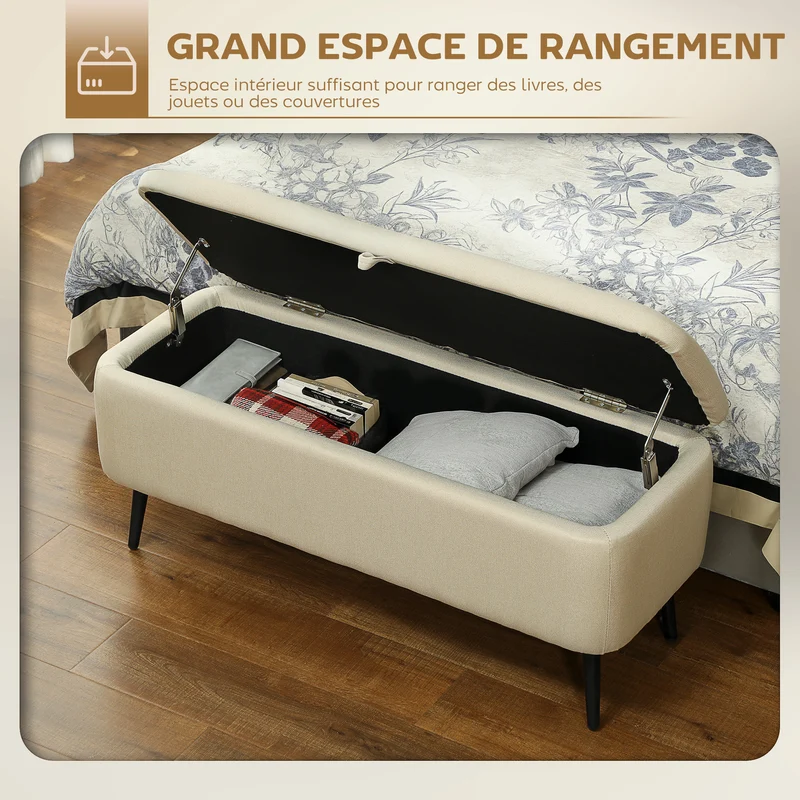 Banc coffre rectangulaire 101 x 38.5 x 44.5 cm rangement gain de place minimaliste salon et chambre en polyester beige 21_0002876