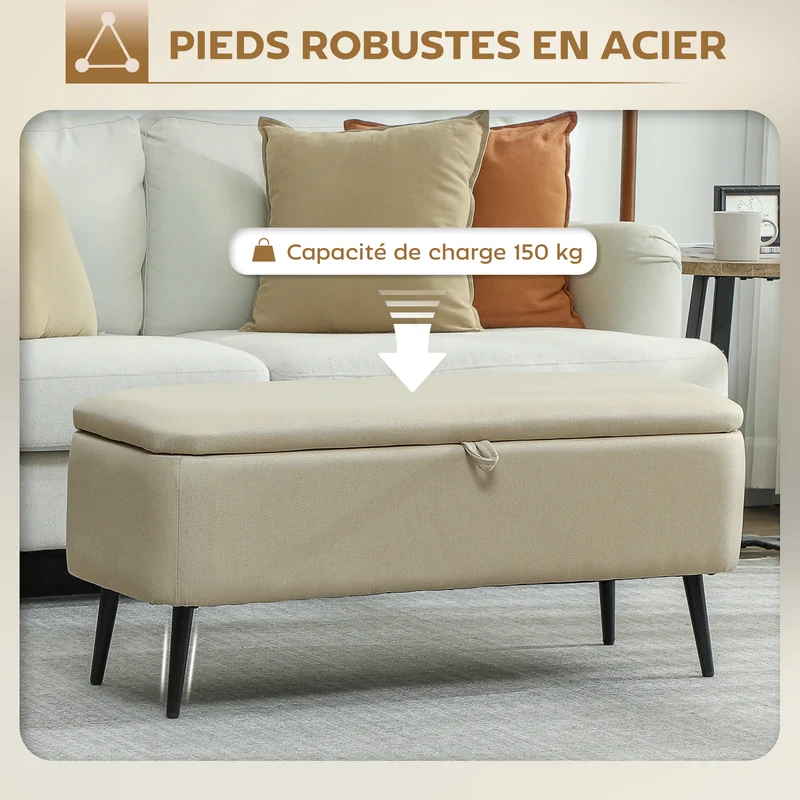 Banc coffre rectangulaire 101 x 38.5 x 44.5 cm rangement gain de place minimaliste salon et chambre en polyester beige 21_0002876
