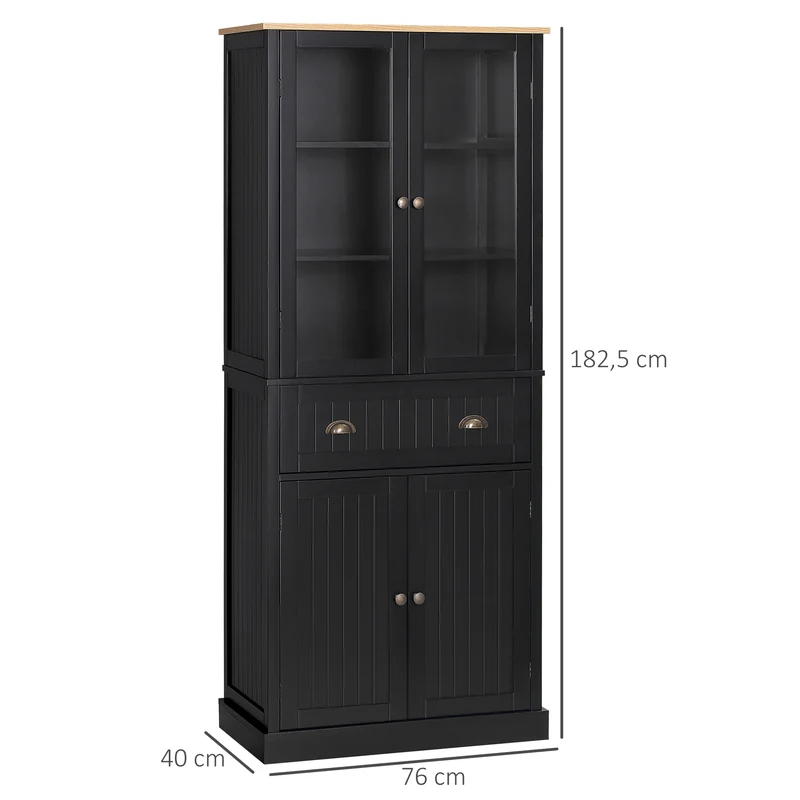 Buffet armoire de cuisine vitrine 76 x 40 x 182.5 cm grand rangement étagères réglables moderne élégant en MDF noir 21_0002265