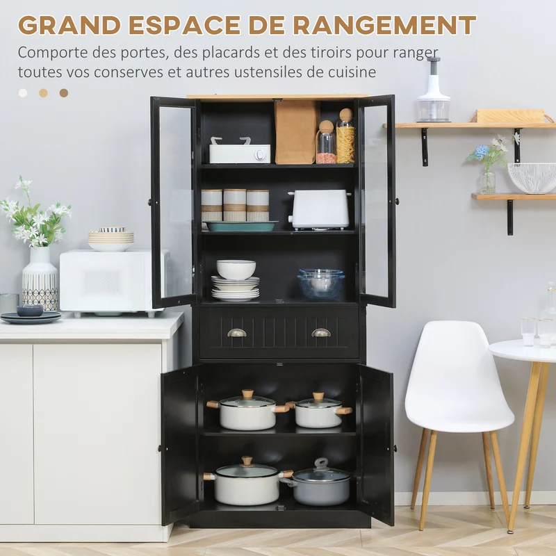 Buffet armoire de cuisine vitrine 76 x 40 x 182.5 cm grand rangement étagères réglables moderne élégant en MDF noir 21_0002265