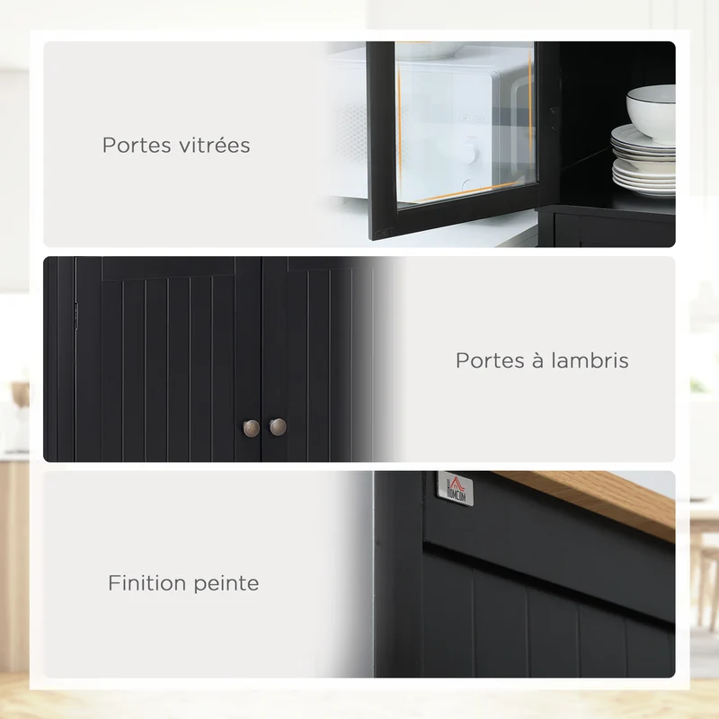 Buffet armoire de cuisine vitrine 76 x 40 x 182.5 cm grand rangement étagères réglables moderne élégant en MDF noir 21_0002265