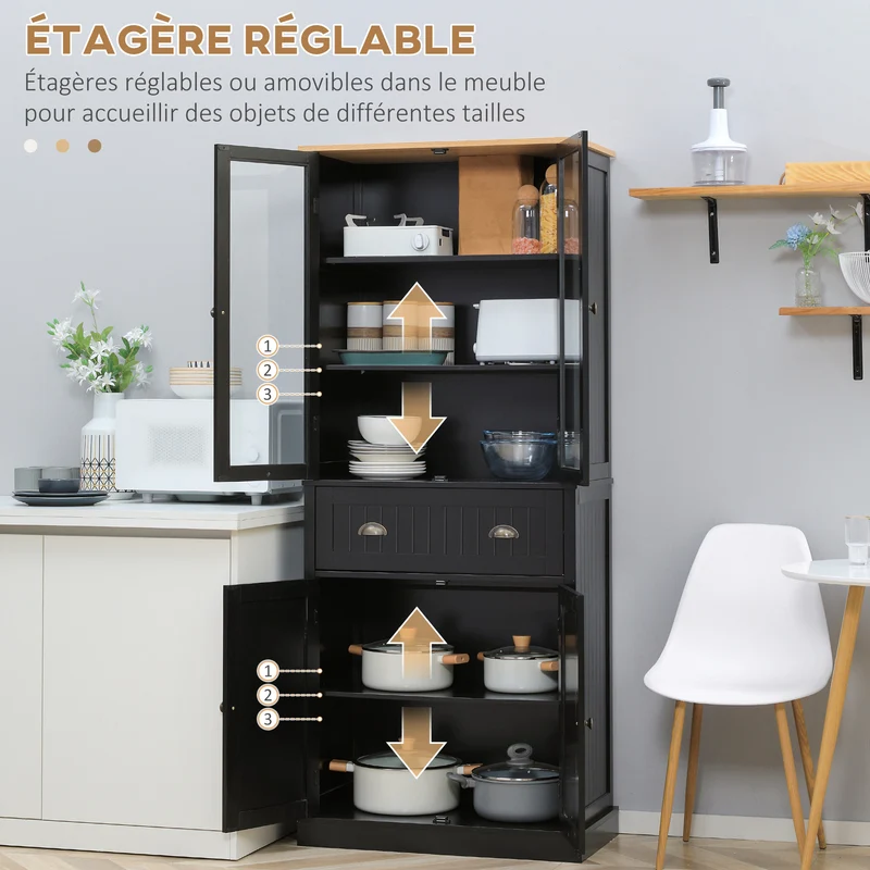 Buffet armoire de cuisine vitrine 76 x 40 x 182.5 cm grand rangement étagères réglables moderne élégant en MDF noir 21_0002265