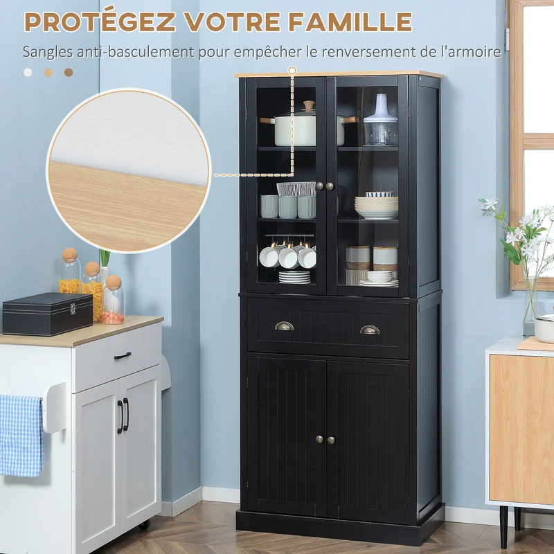 Buffet armoire de cuisine vitrine 76 x 40 x 182.5 cm grand rangement étagères réglables moderne élégant en MDF noir 21_0002265