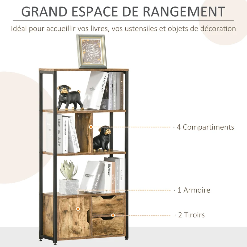 Bibliothèque salon 58 x 24 x 122 cm 3 étagères 2 tiroirs placard utile style industriel en panneau de particules marron 21_0002837