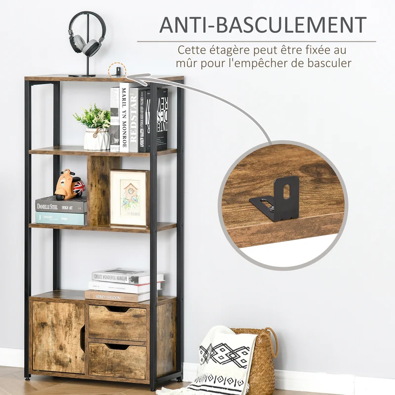 Bibliothèque salon 58 x 24 x 122 cm 3 étagères 2 tiroirs placard utile style industriel en panneau de particules marron 21_0002837