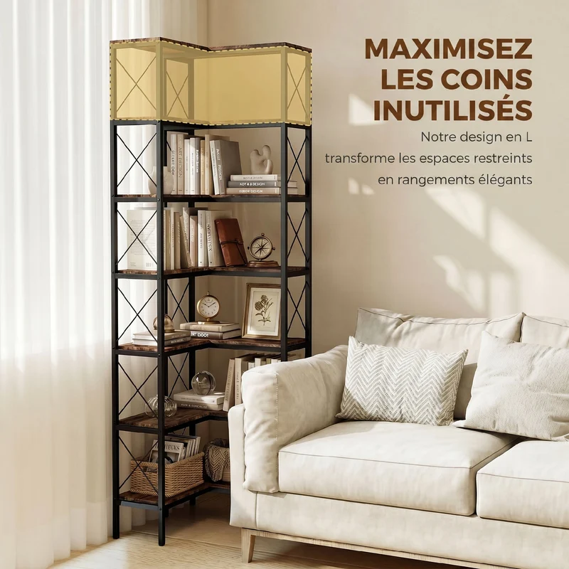 Bibliothèque d'angle 60 x 60 x 200 cm gain de place anti-basculement intégré style industriel contemporain en bois marron 21_0002570