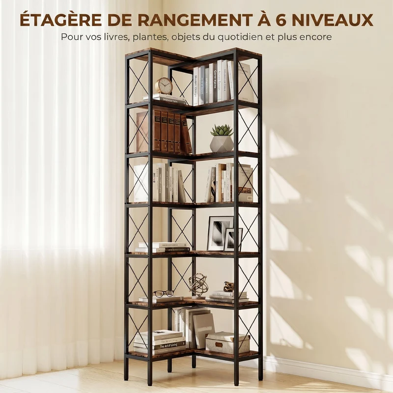 Bibliothèque d'angle 60 x 60 x 200 cm gain de place anti-basculement intégré style industriel contemporain en bois marron 21_0002570