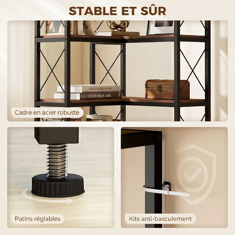 Bibliothèque d'angle 60 x 60 x 200 cm gain de place anti-basculement intégré style industriel contemporain en bois marron 21_0002570