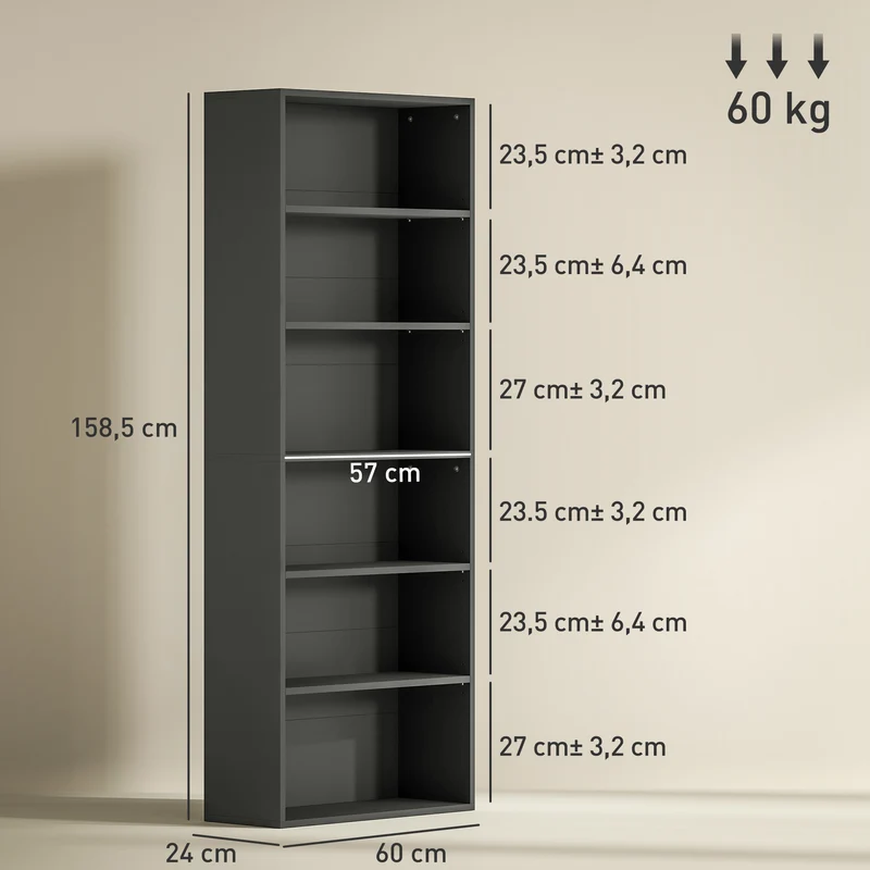 Bibliothèque 6 niveaux 60 x 24 x 158.5 cm étagère réglable rangement bureau salon moderne en panneau de particules noir 21_0002511