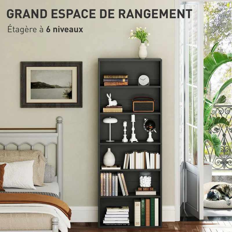 Bibliothèque 6 niveaux 60 x 24 x 158.5 cm étagère réglable rangement bureau salon moderne en panneau de particules noir 21_0002511