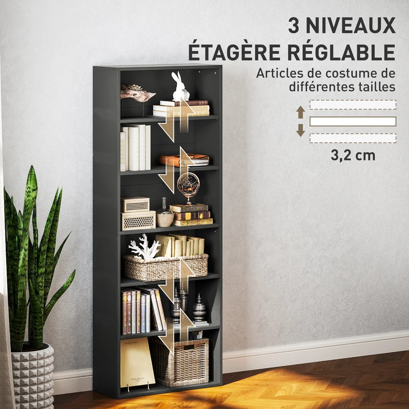 Bibliothèque 6 niveaux 60 x 24 x 158.5 cm étagère réglable rangement bureau salon moderne en panneau de particules noir 21_0002511