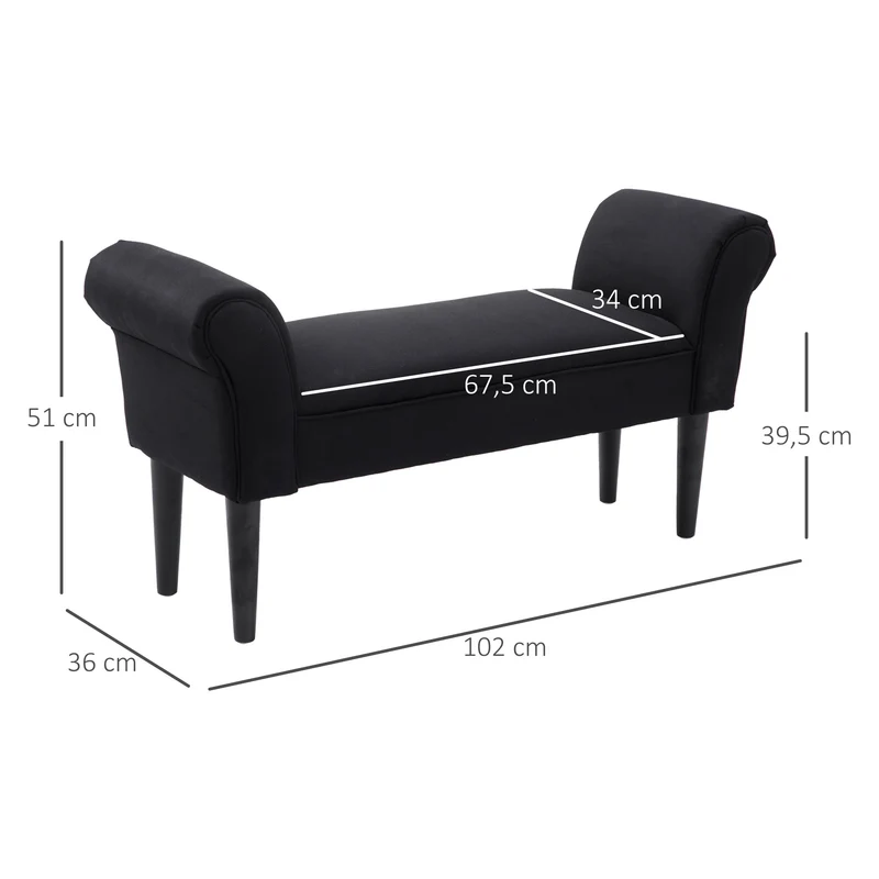 Banquette bout de lit rembourrée 102 x 36 x 51 cm assise confortable accoudoirs courbés contemporain épuré en tissu noir 21_0001405