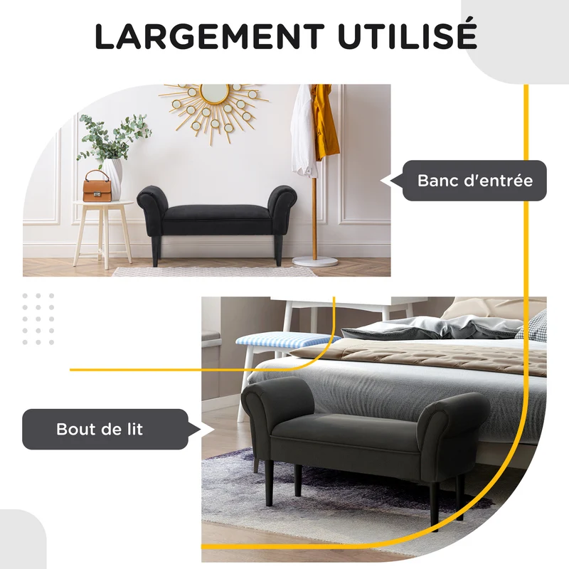 Banquette bout de lit rembourrée 102 x 36 x 51 cm assise confortable accoudoirs courbés contemporain épuré en tissu noir 21_0001405