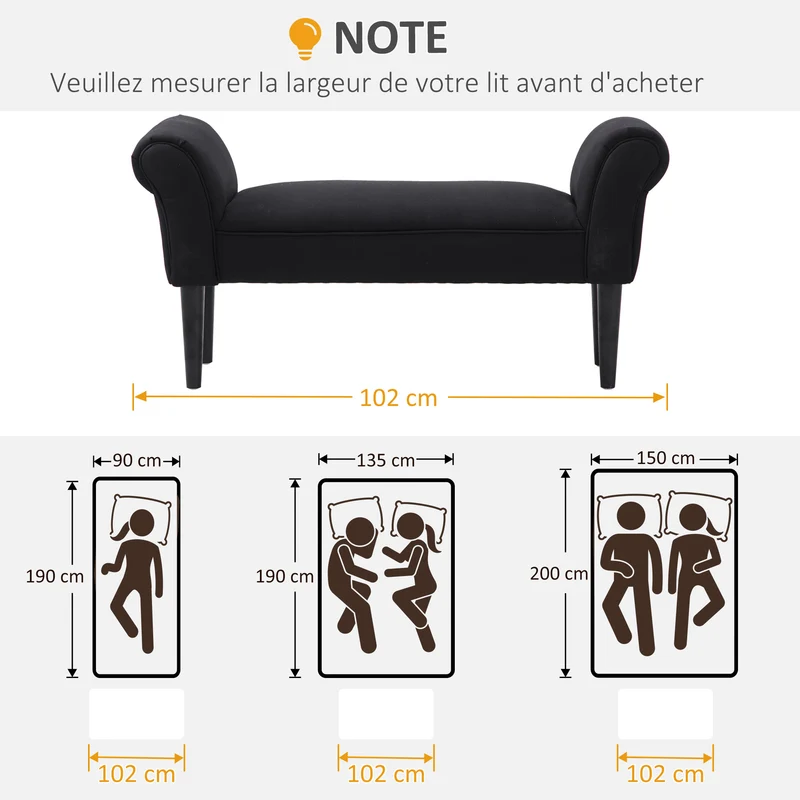 Banquette bout de lit rembourrée 102 x 36 x 51 cm assise confortable accoudoirs courbés contemporain épuré en tissu noir 21_0001405
