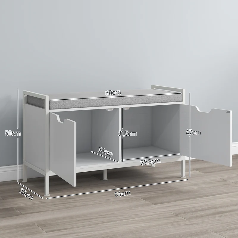 Banc meuble à chaussures d'entrée 84 x 35 x 50 cm assise rembourrée rangement 2 placards style épuré cosy en bois blanc 21_0002720