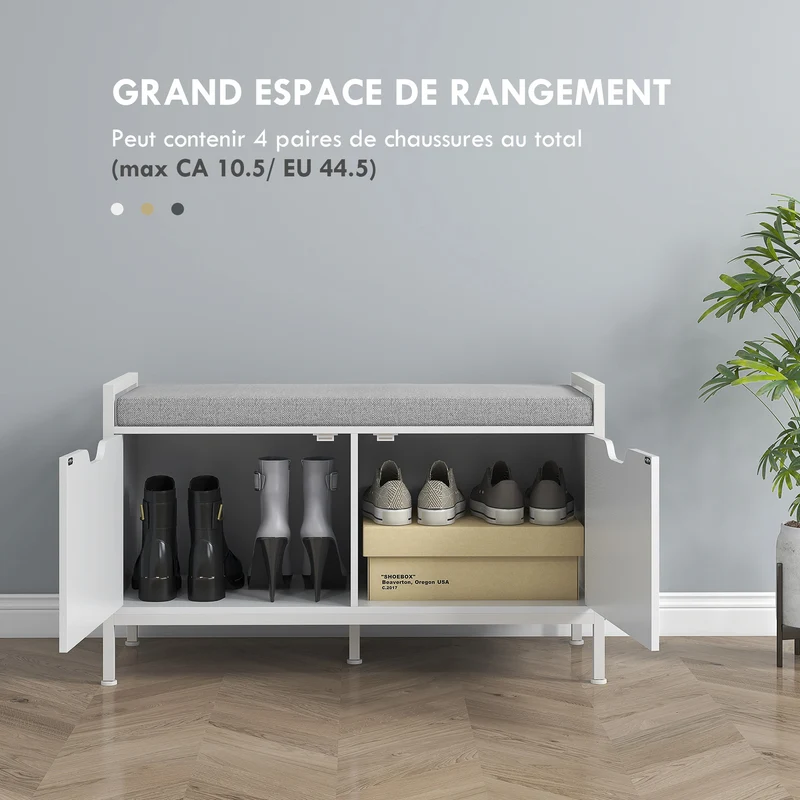 Banc meuble à chaussures d'entrée 84 x 35 x 50 cm assise rembourrée rangement 2 placards style épuré cosy en bois blanc 21_0002720