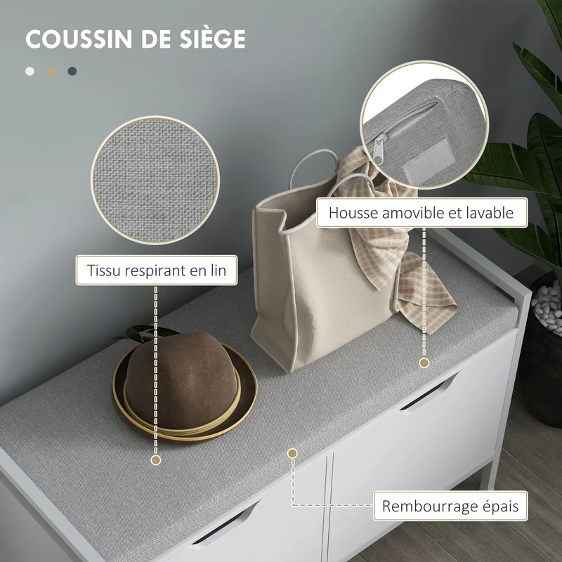 Banc meuble à chaussures d'entrée 84 x 35 x 50 cm assise rembourrée rangement 2 placards style épuré cosy en bois blanc 21_0002720
