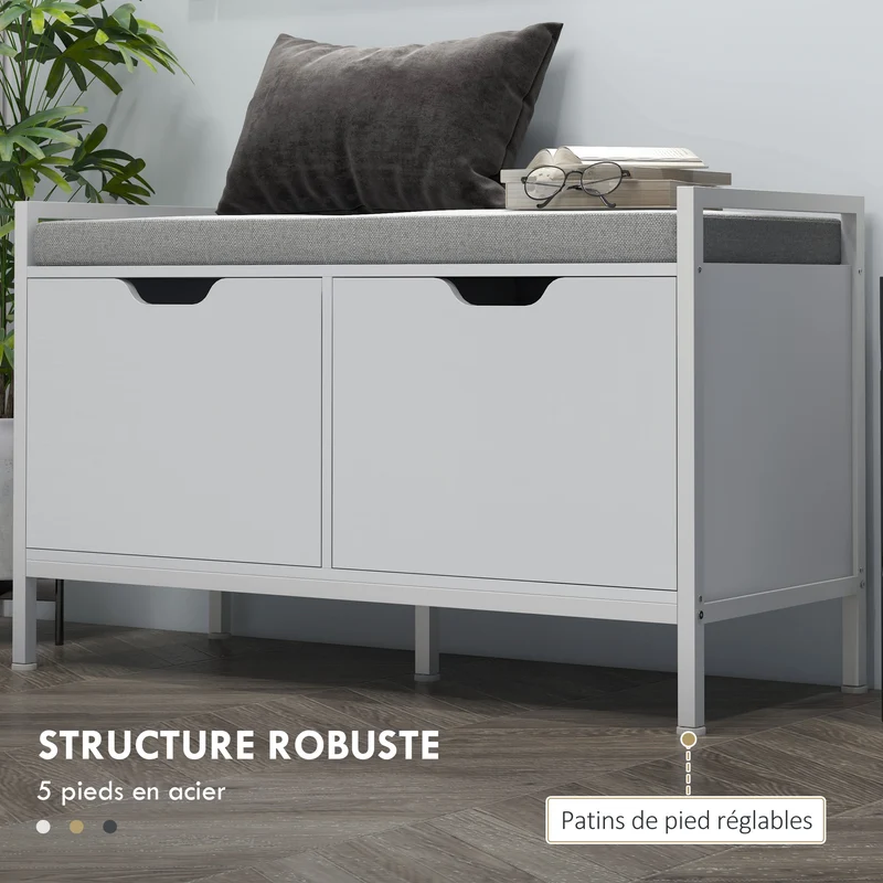 Banc meuble à chaussures d'entrée 84 x 35 x 50 cm assise rembourrée rangement 2 placards style épuré cosy en bois blanc 21_0002720