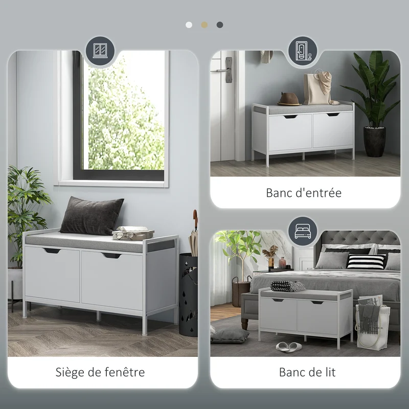 Banc meuble à chaussures d'entrée 84 x 35 x 50 cm assise rembourrée rangement 2 placards style épuré cosy en bois blanc 21_0002720