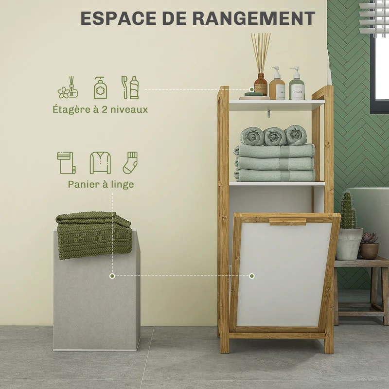 Armoire salle de bain rangement panier à linge 40 x 30 x 95 cm gain de place panier amovible scandinave en bambou blanc 21_0002022