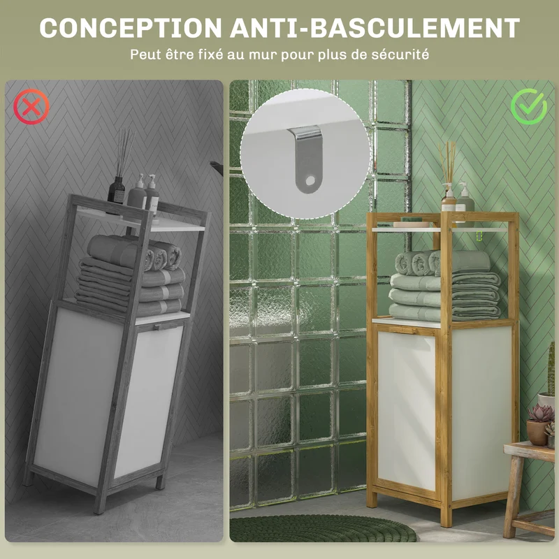 Armoire salle de bain rangement panier à linge 40 x 30 x 95 cm gain de place panier amovible scandinave en bambou blanc 21_0002022