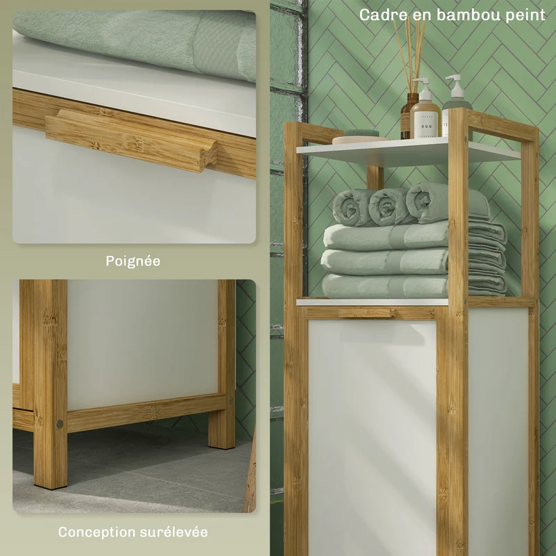 Armoire salle de bain rangement panier à linge 40 x 30 x 95 cm gain de place panier amovible scandinave en bambou blanc 21_0002022