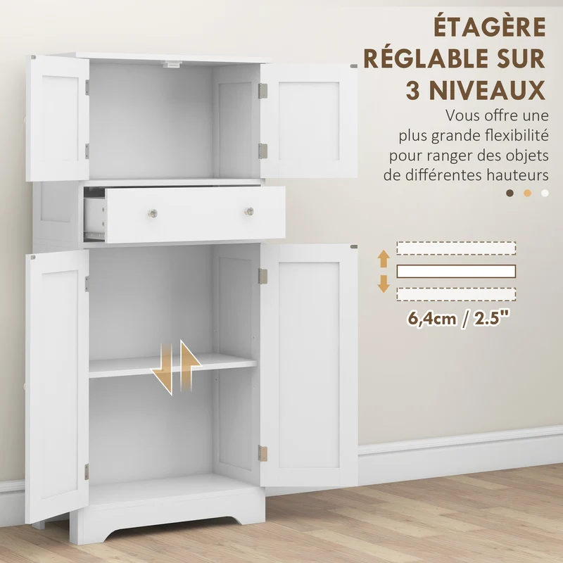 Armoire de cuisine buffet 60 x 30 x 128 cm étagères réglables fixation murale pratique en panneau de particules blanc 21_0003233