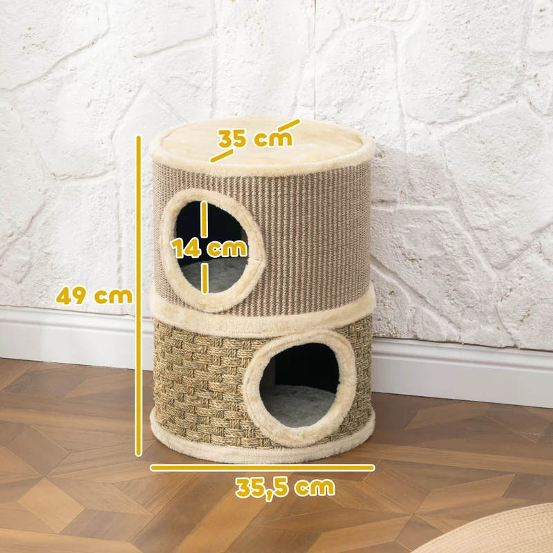 Tonneau à gratter pour chat 35.5 x 35.5 x 49 cm grattage instinctif et couchage douillet moderne épuré en sisal kaki 21_0007648