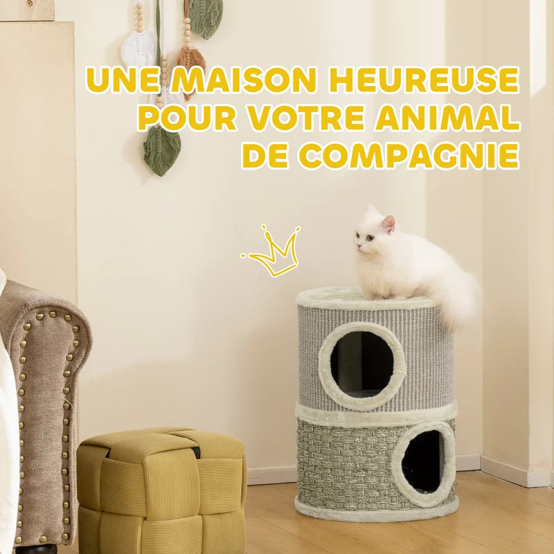 Tonneau à gratter pour chat 35.5 x 35.5 x 49 cm grattage instinctif et couchage douillet moderne épuré en sisal kaki 21_0007648
