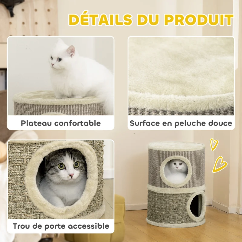 Tonneau à gratter pour chat 35.5 x 35.5 x 49 cm grattage instinctif et couchage douillet moderne épuré en sisal kaki 21_0007648