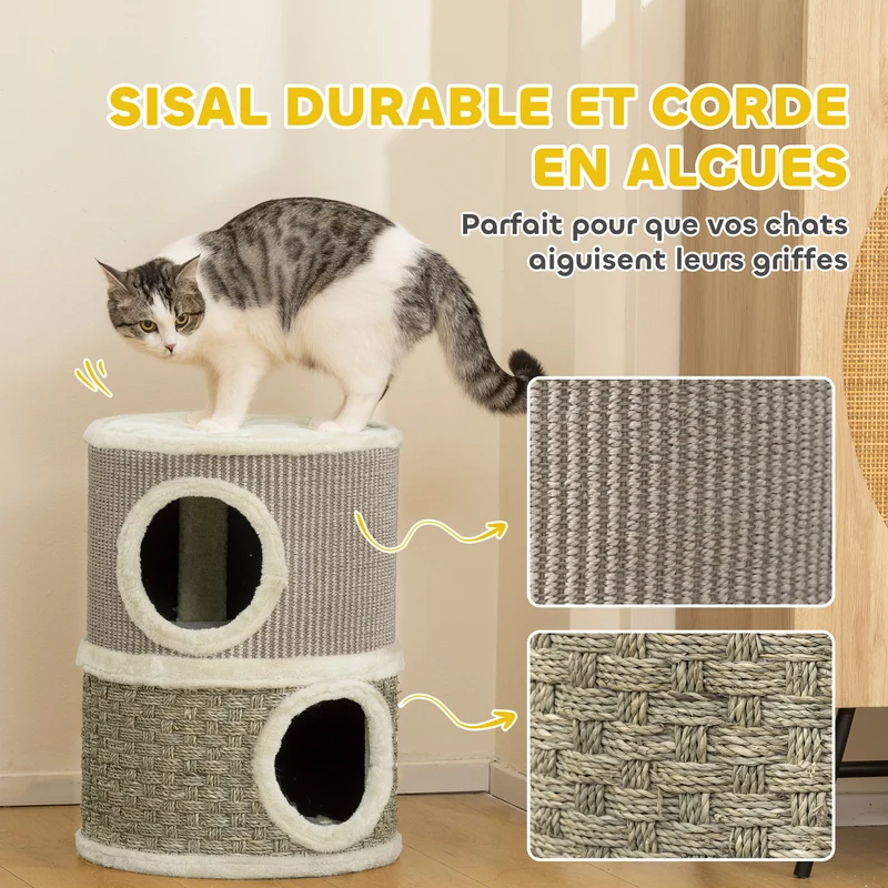 Tonneau à gratter pour chat 35.5 x 35.5 x 49 cm grattage instinctif et couchage douillet moderne épuré en sisal kaki 21_0007648