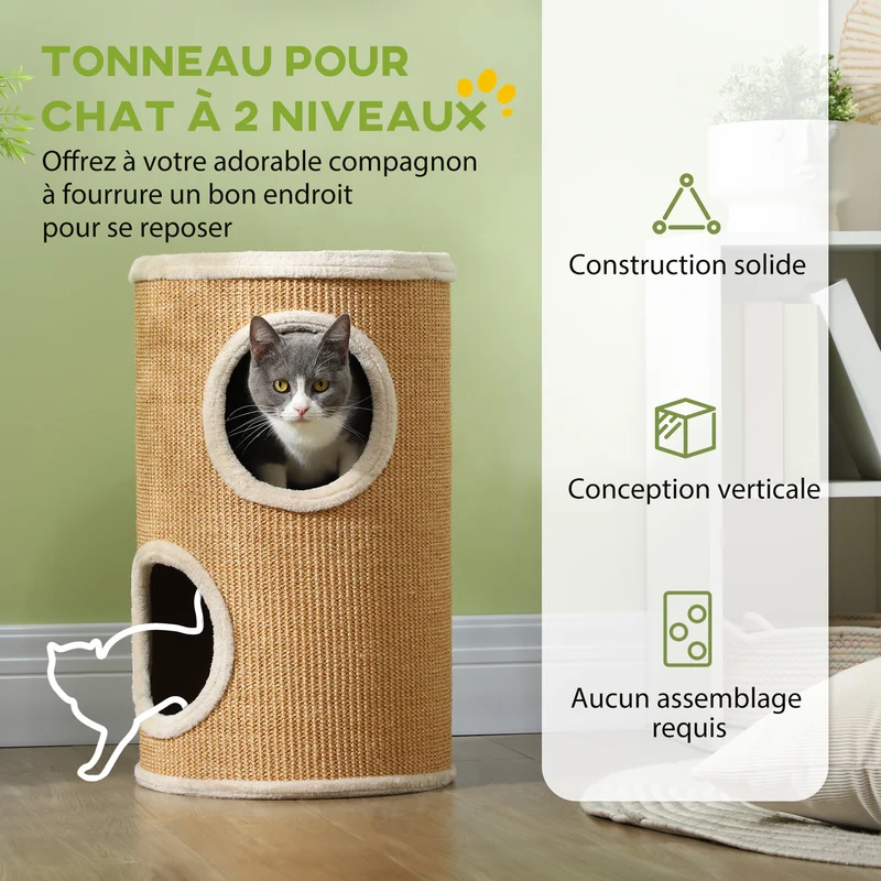 Tonneau à gratter pour chat 35 x 35 x 60 cm double niveau protection meubles peluche design scandinave en sisal marron 21_0007718