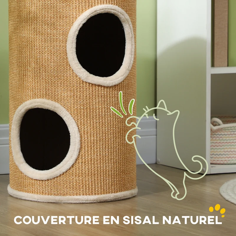 Tonneau à gratter pour chat 35 x 35 x 60 cm double niveau protection meubles peluche design scandinave en sisal marron 21_0007718