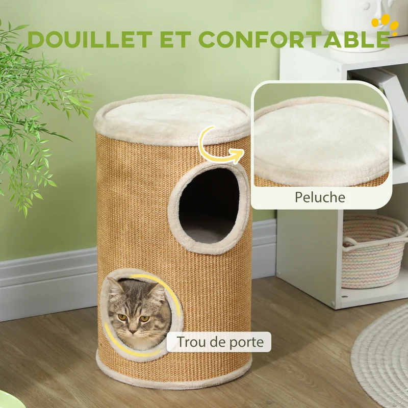 Tonneau à gratter pour chat 35 x 35 x 60 cm double niveau protection meubles peluche design scandinave en sisal marron 21_0007718