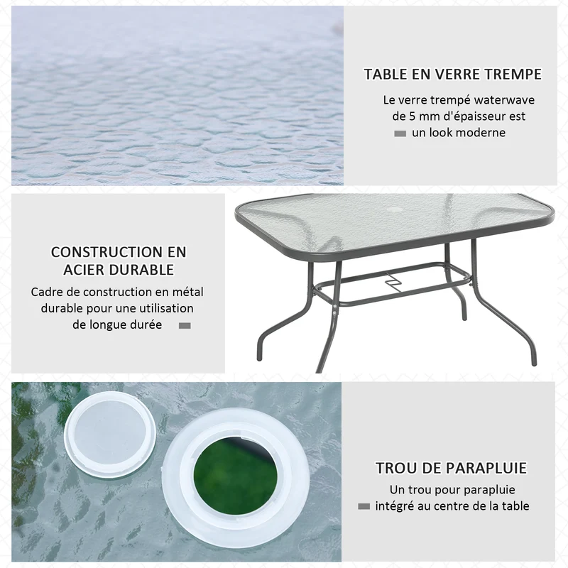 Table de jardin rectangulaire 120 x 80 x 70 cm pour 6 personnes trou parasol antirouille style contemporain en métal gris 21_0004627