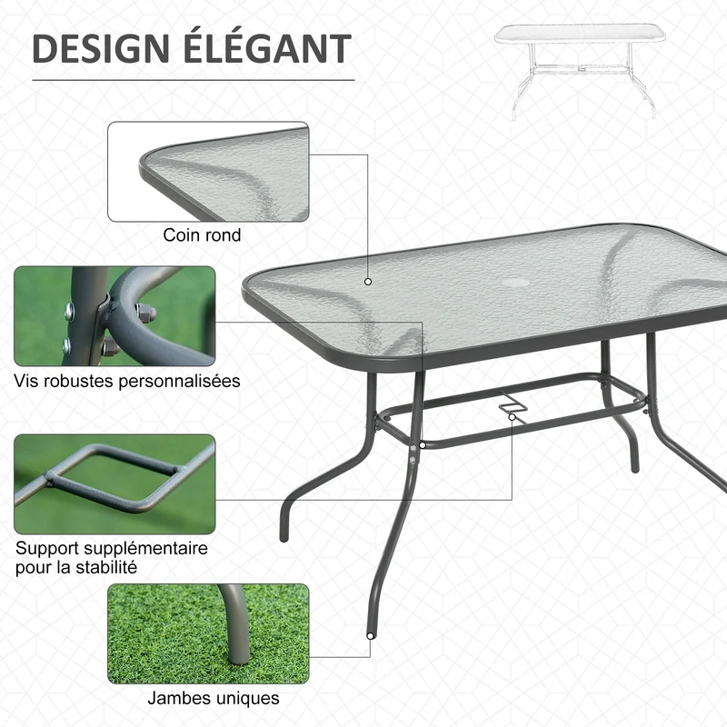 Table de jardin rectangulaire 120 x 80 x 70 cm pour 6 personnes trou parasol antirouille style contemporain en métal gris 21_0004627