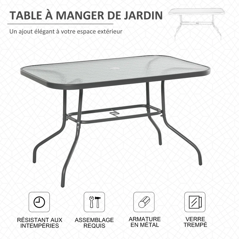 Table de jardin rectangulaire 120 x 80 x 70 cm pour 6 personnes trou parasol antirouille style contemporain en métal gris 21_0004627
