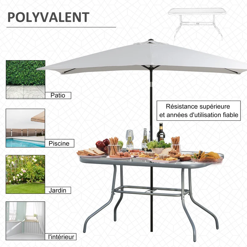 Table de jardin rectangulaire 120 x 80 x 70 cm pour 6 personnes trou parasol antirouille style contemporain en métal gris 21_0004627