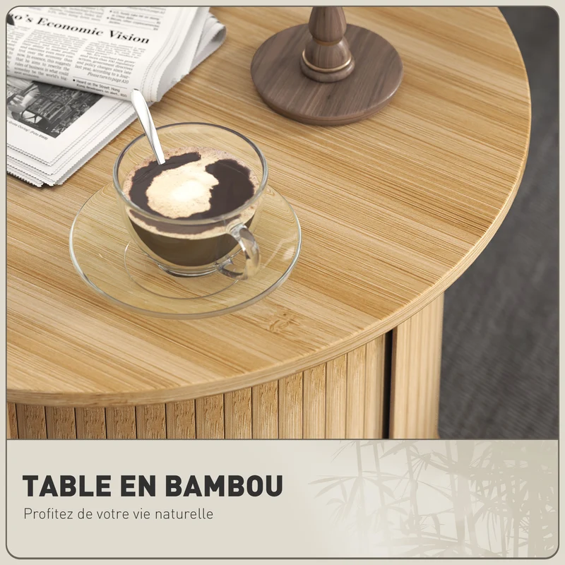 Table basse ronde salon 60 x 45 cm rangement caché porte coulissante pratique style scandinave en bambou bois naturel 21_0003466