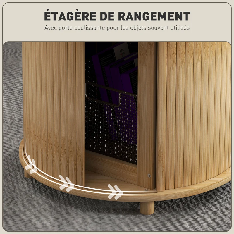 Table basse ronde salon 60 x 45 cm rangement caché porte coulissante pratique style scandinave en bambou bois naturel 21_0003466